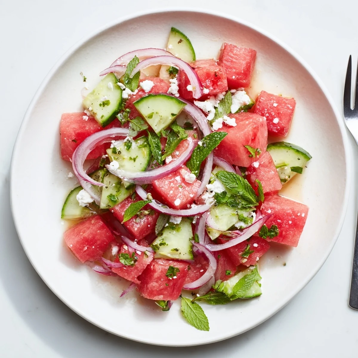 Chilled Watermelon Cucumber Salad tossed in lime dressing, served on picnic plate