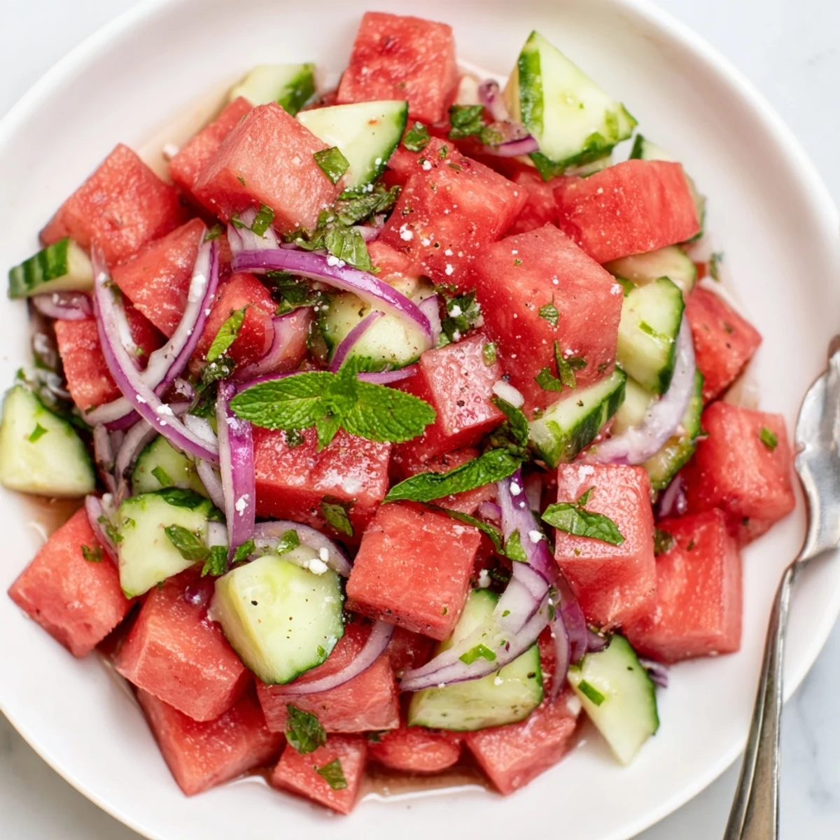 Bright Watermelon Cucumber Salad garnished with crumbled feta, cool and refreshing