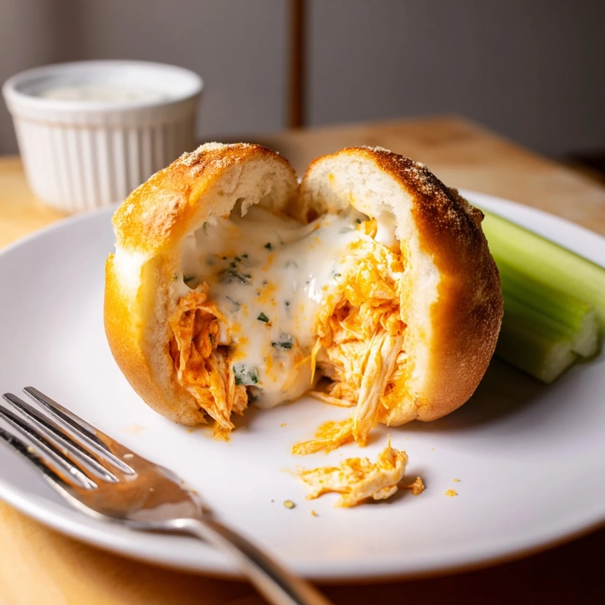 Warm Buffalo Chicken Mozzarella Bombs resting on parchment, garlic-butter sheen visible.