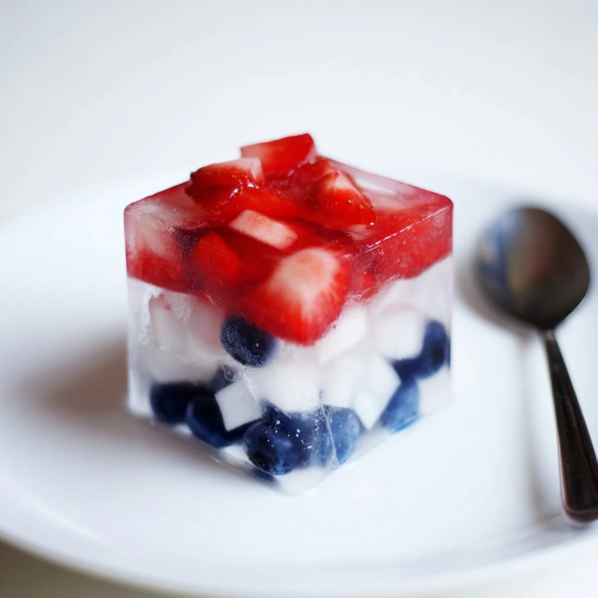 Glass of sparkling water topped with Red White And Blue Ice Cubes Recipe