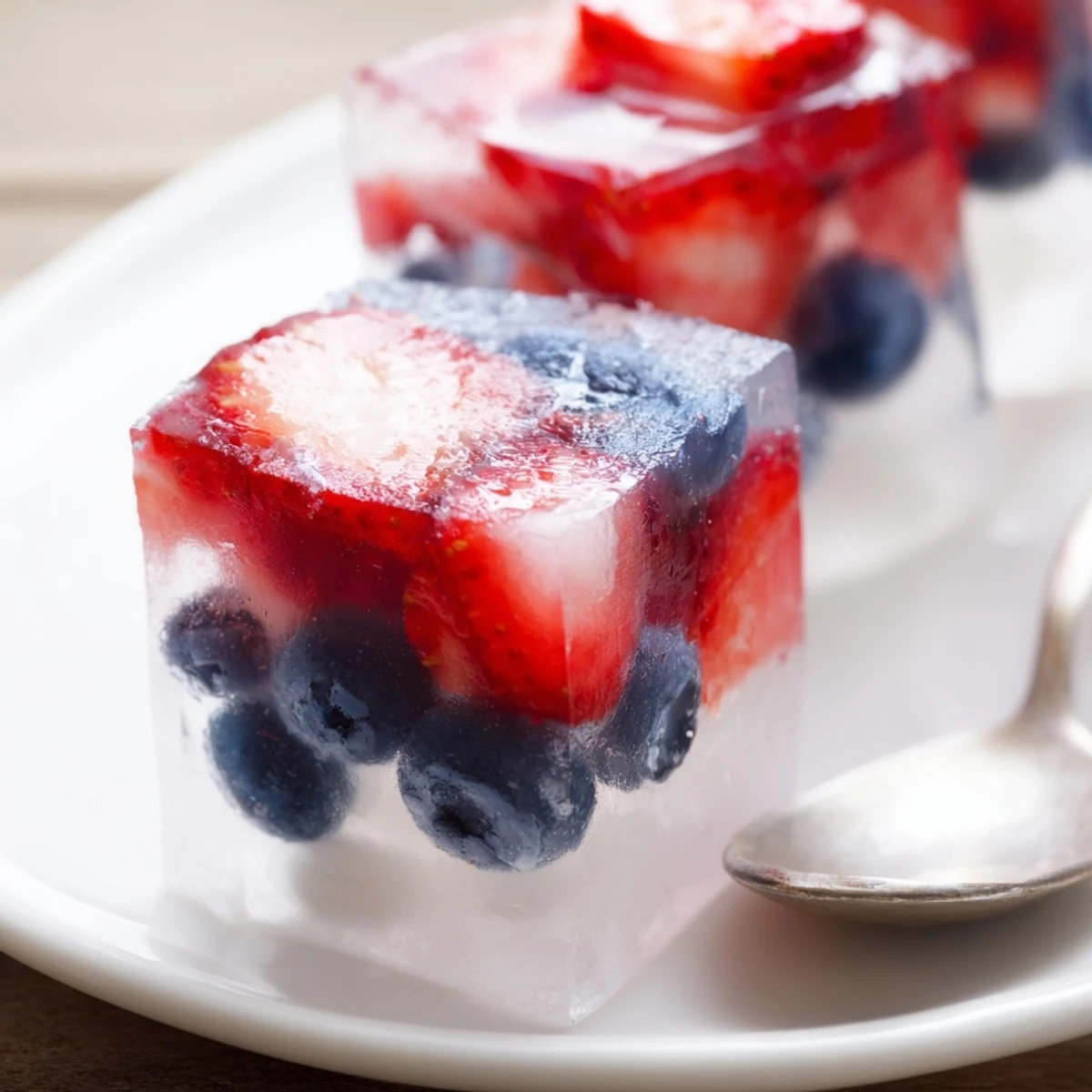 Close-up of layered Red White And Blue Ice Cubes Recipe showing juicy strawberries