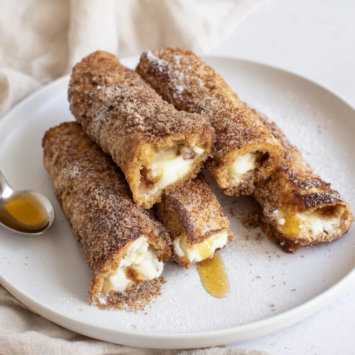 Cinnamon Roll French Toast Roll Ups, golden brown and cinnamon sugared, served warm