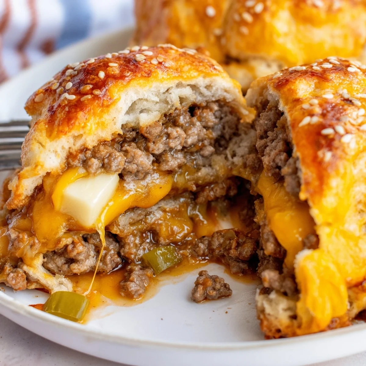 Cheesy Cheeseburger Bombs Explosion Recipe showing golden biscuit crust oozing melted cheddar