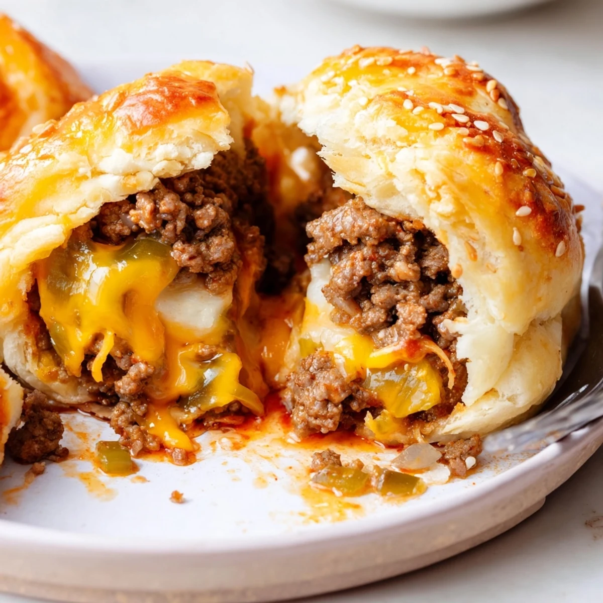 Close-up of Cheesy Cheeseburger Bombs Explosion Recipe with steaming beef and gooey cheese