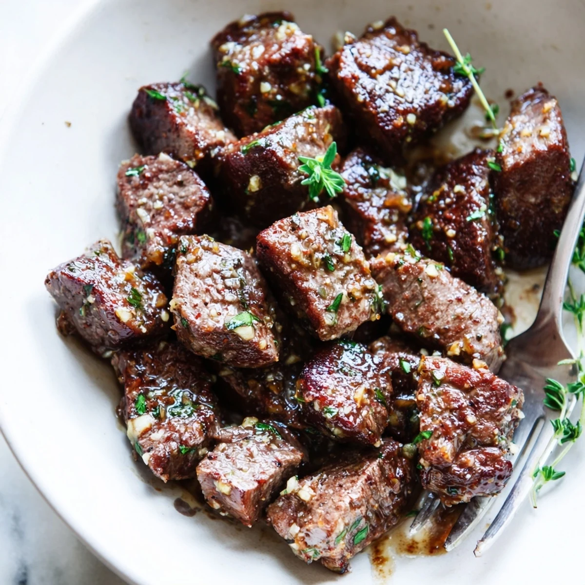 Pan seared Garlic Butter Steak Bites tossed with minced garlic, parsley, steaming juices