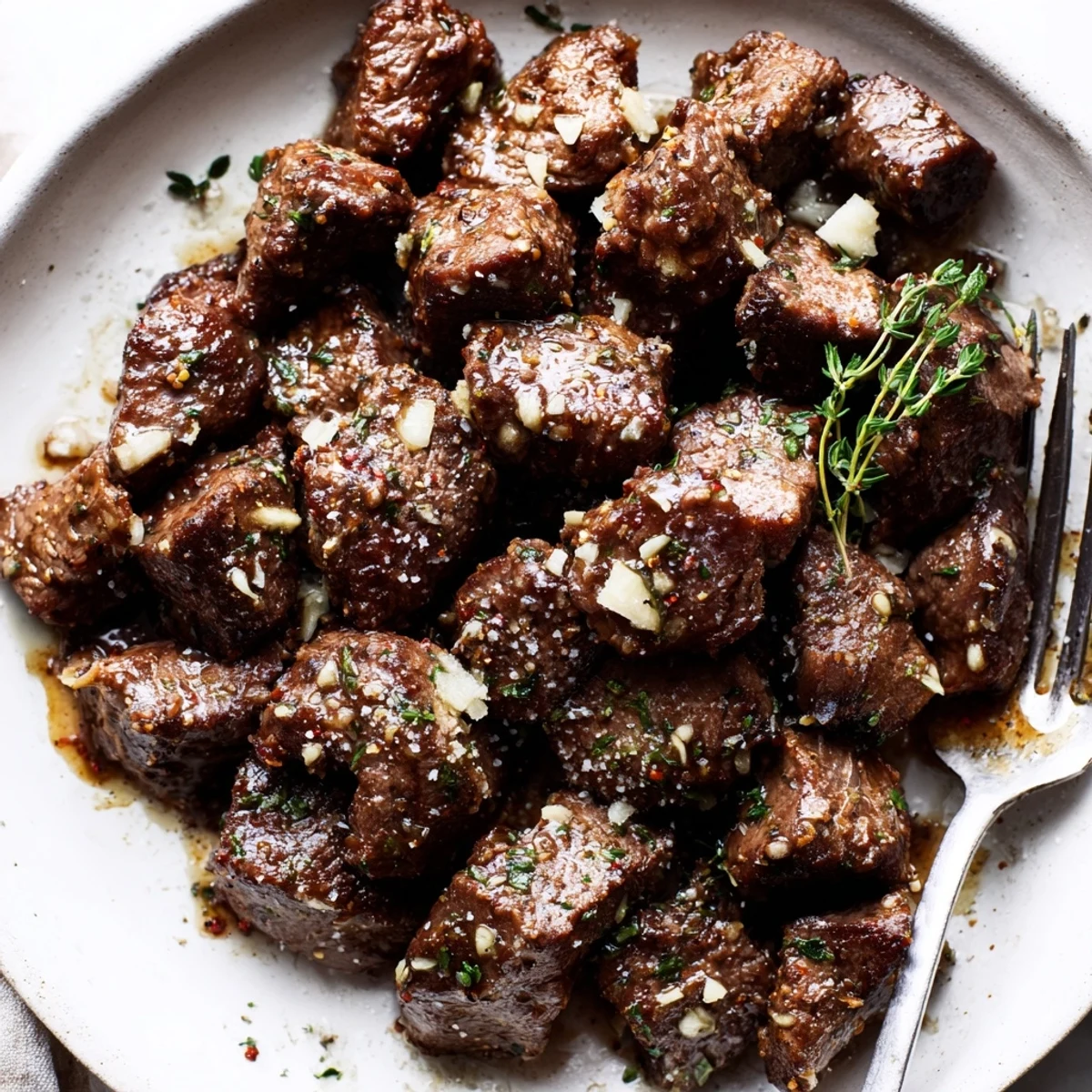 Garlic Butter Steak Bites sizzling in a cast iron skillet, glossy butter glaze