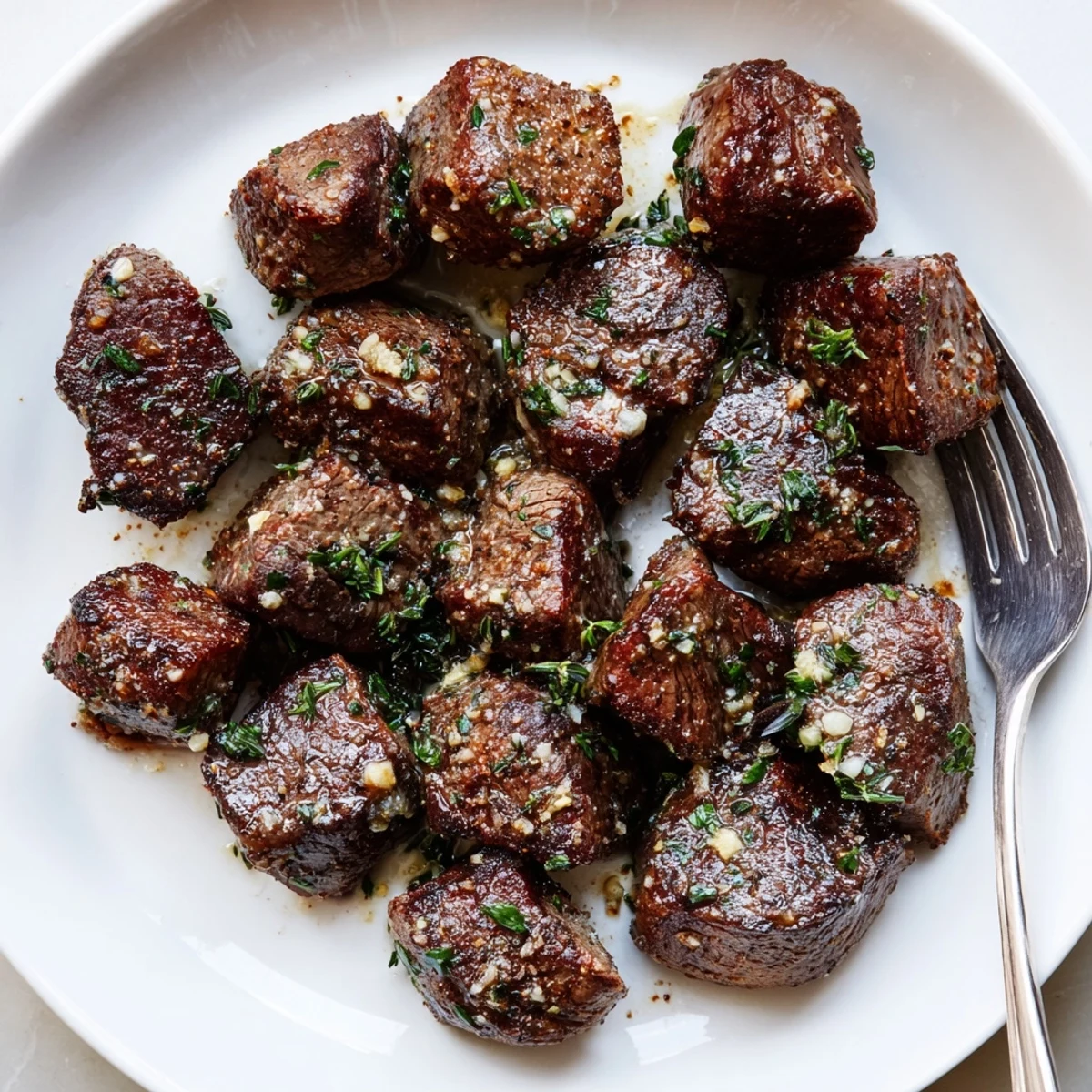 Dinner ready Garlic Butter Steak Bites served over mashed potatoes, flaky salt garnish