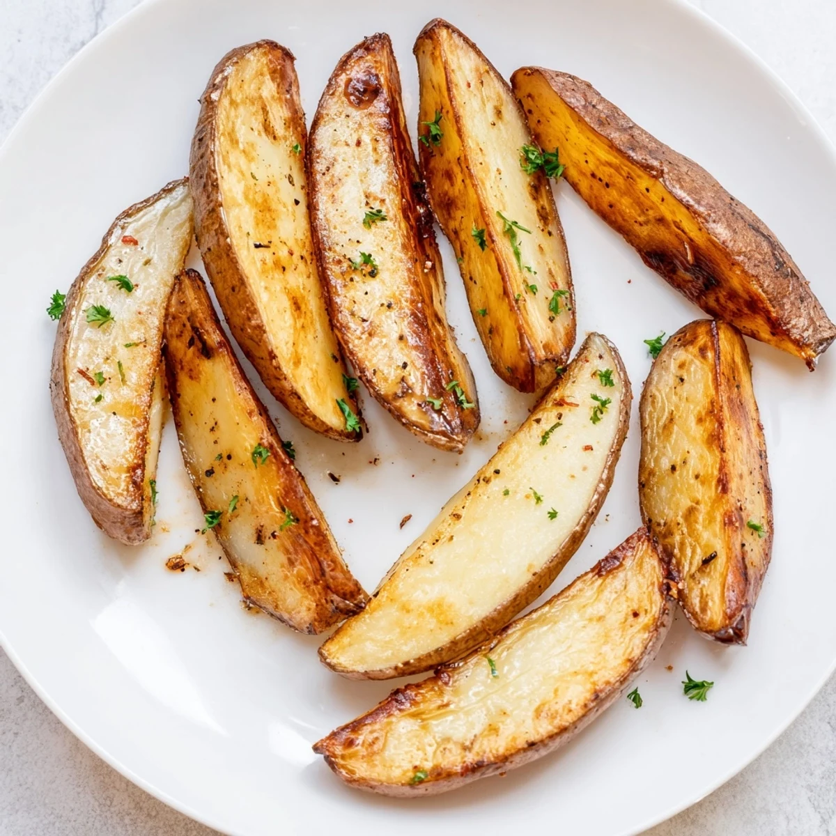 Golden oven baked Potato Wedges, crispy edges and fluffy centers, served hot.