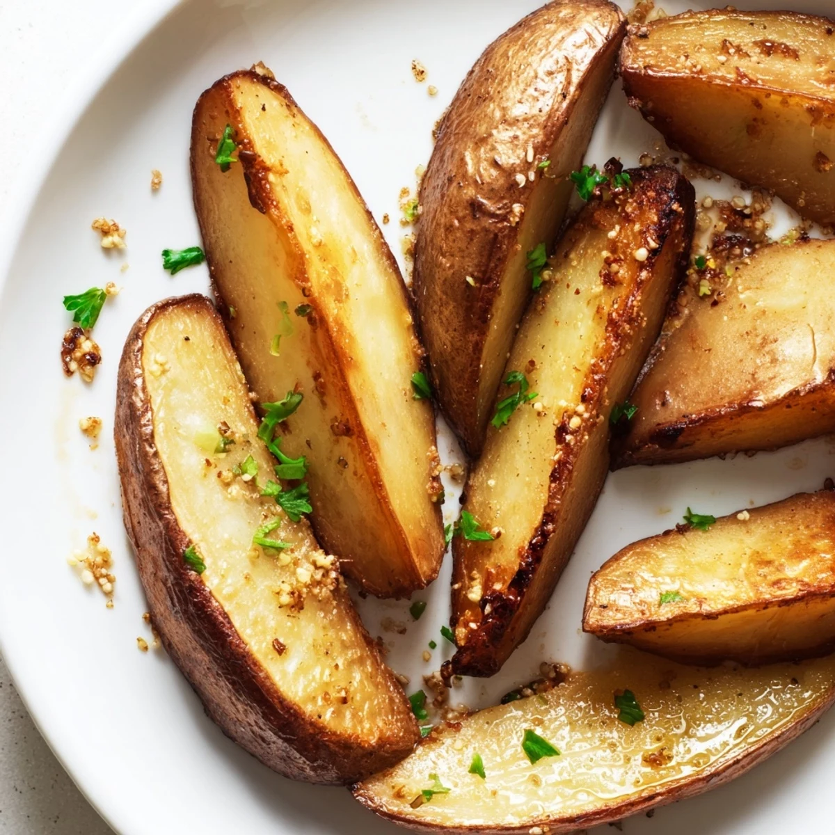 Crisp skinned Potato Wedges on parchment, sprinkled parsley and ketchup nearby.