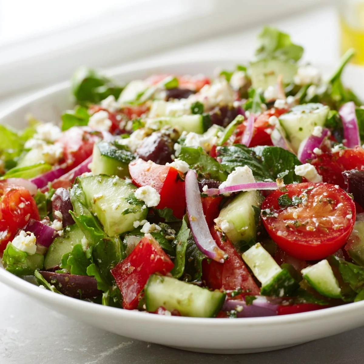 Fresh Salad Recipe with crisp cherry tomatoes, cucumber, and lemon dressing.