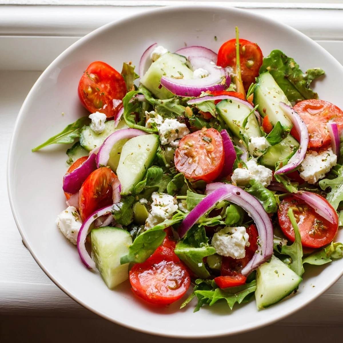 Bright Fresh Salad Recipe tossed in extra virgin olive oil and feta.
