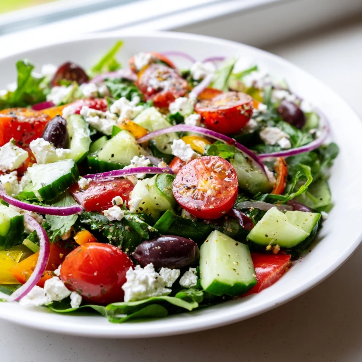 Crisp summer bowl: Fresh Salad Recipe served immediately with tangy Dijon dressing.