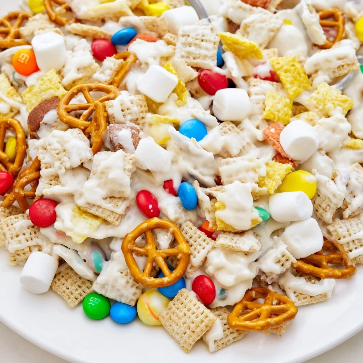White Trash Snack Mix glistening in white chocolate, crunchy and sweet.