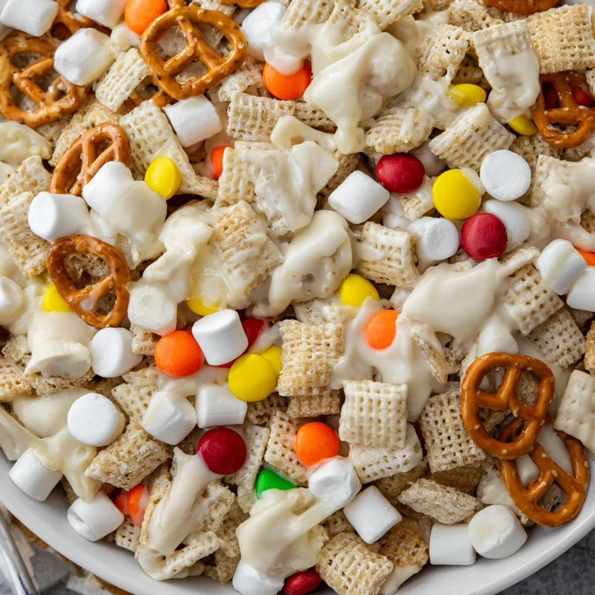 A bowl of White Trash Snack Mix studded with M&M's, pretzels, peanuts.
