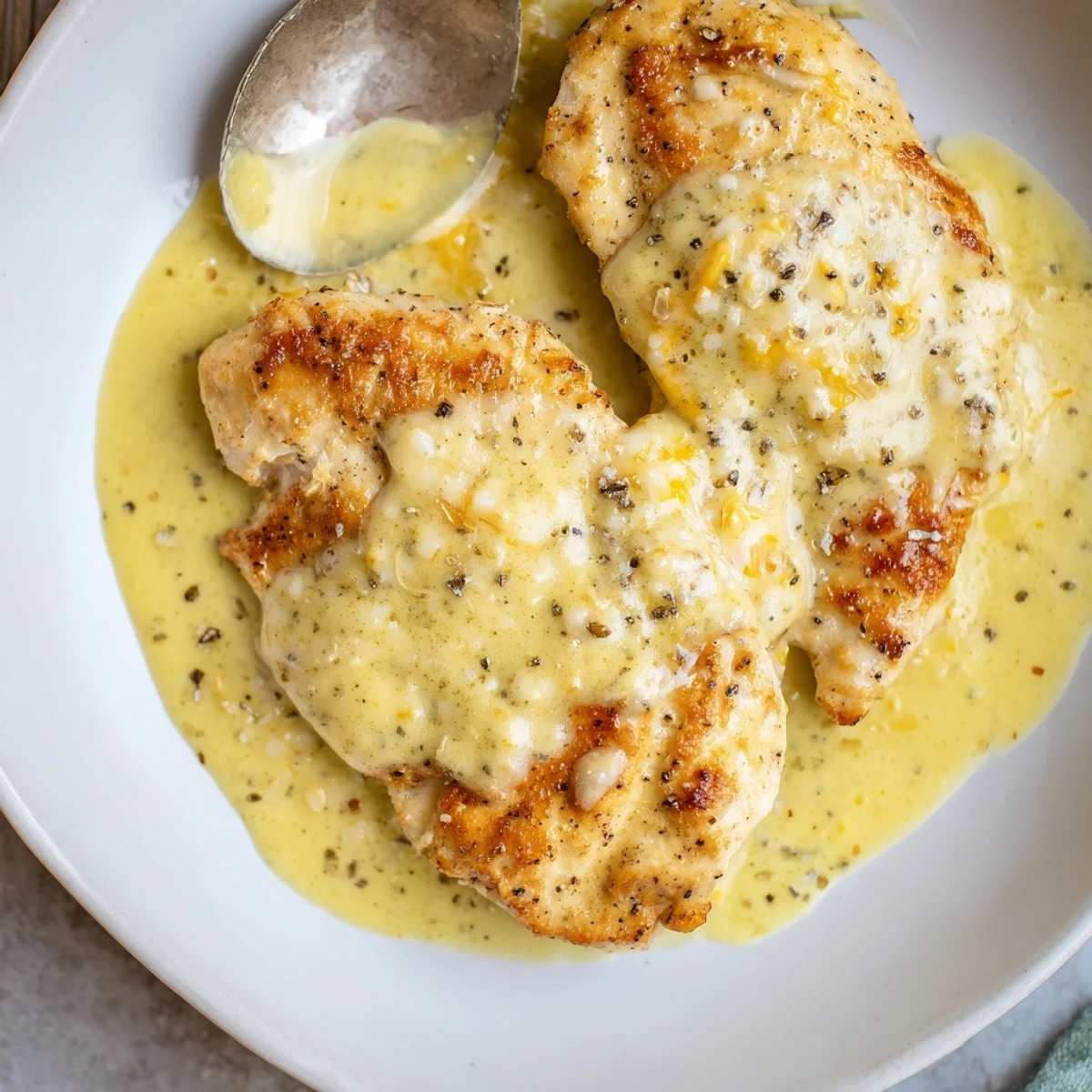 Pan-seared Chicken With Cheese Sauce, glossy cheddar coating over golden breasts