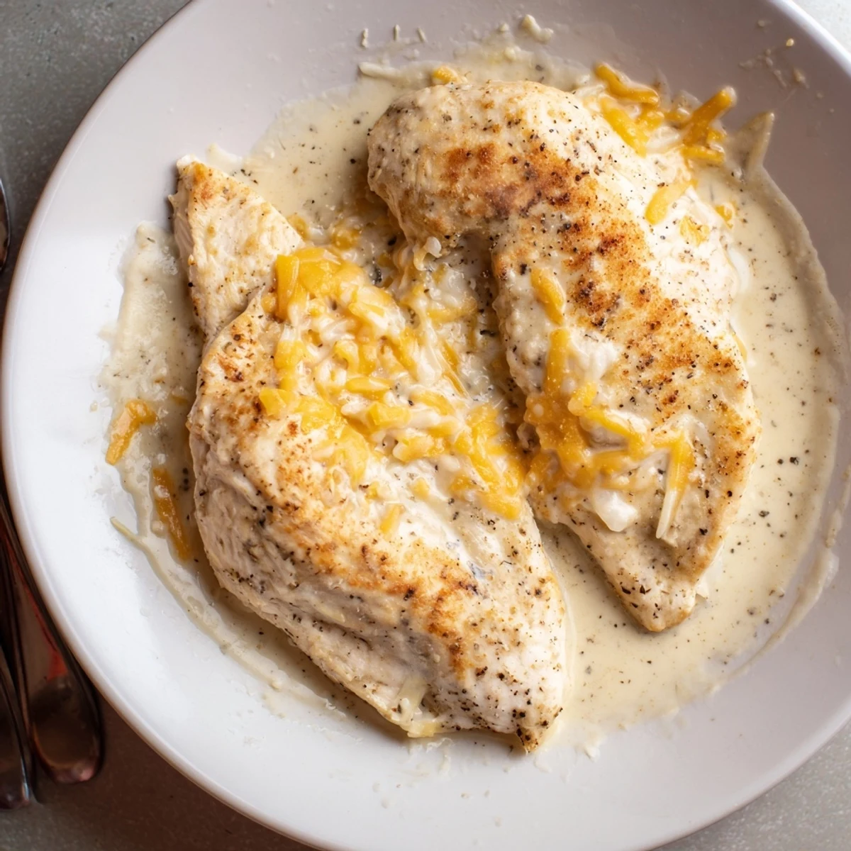 Juicy breasts smothered in Chicken With Cheese Sauce, fork-ready weeknight comfort