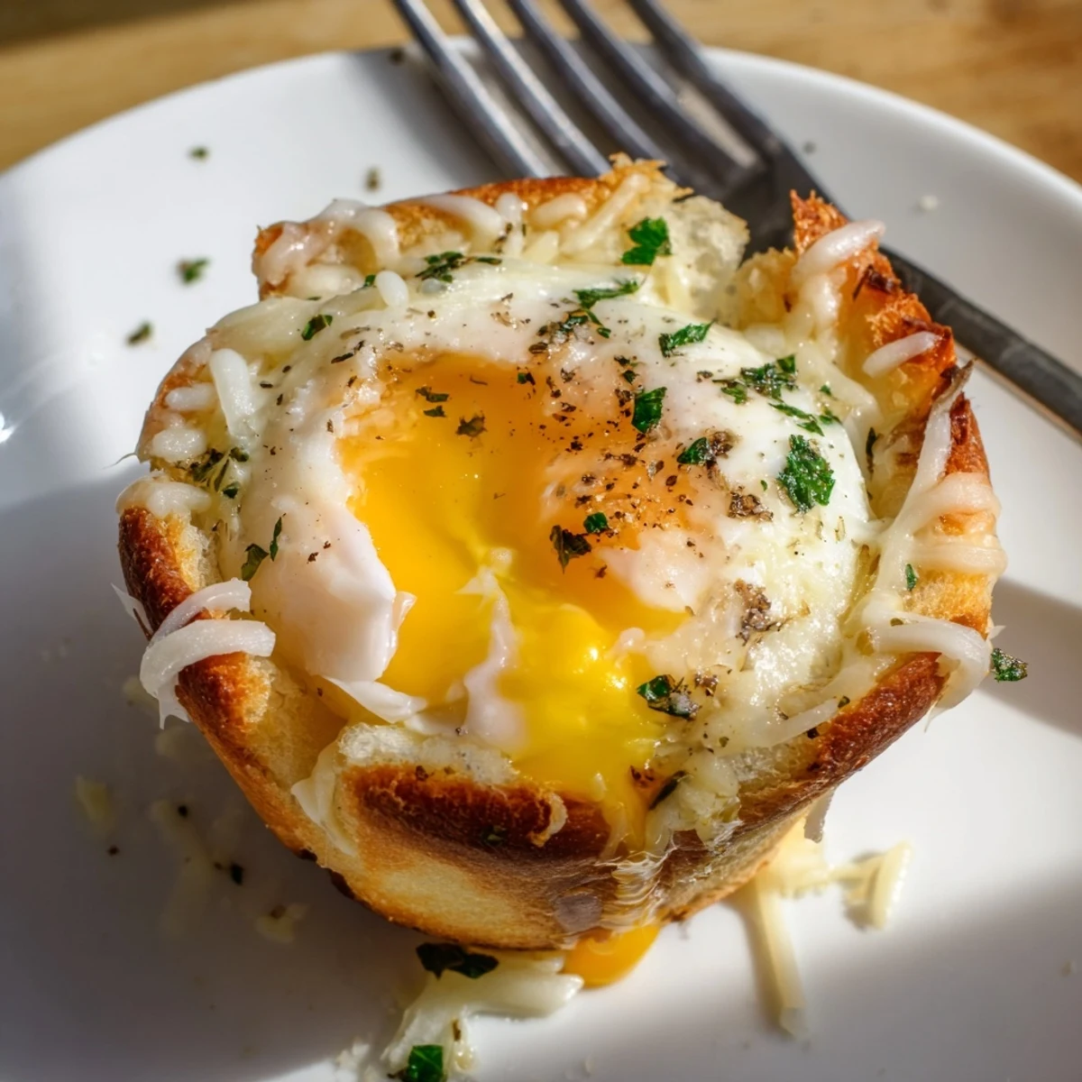 Warm Lazy Garlic Bread Egg Cups with golden yolks and melted Parmesan.
