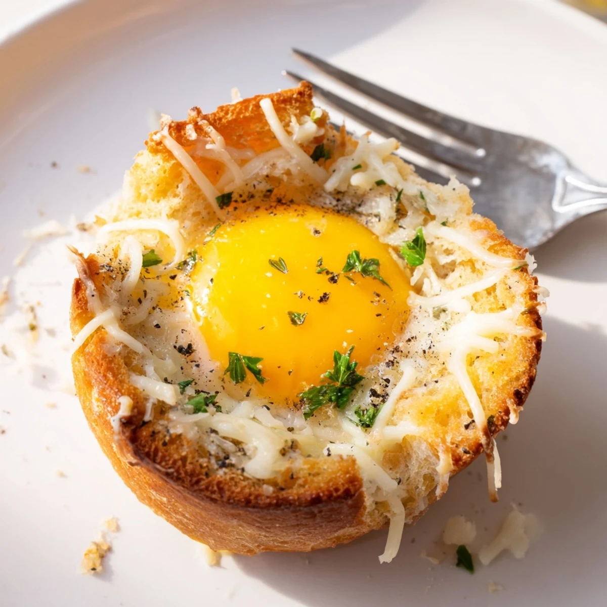 Six Lazy Garlic Bread Egg Cups cooling in muffin tin, garnished with parsley.