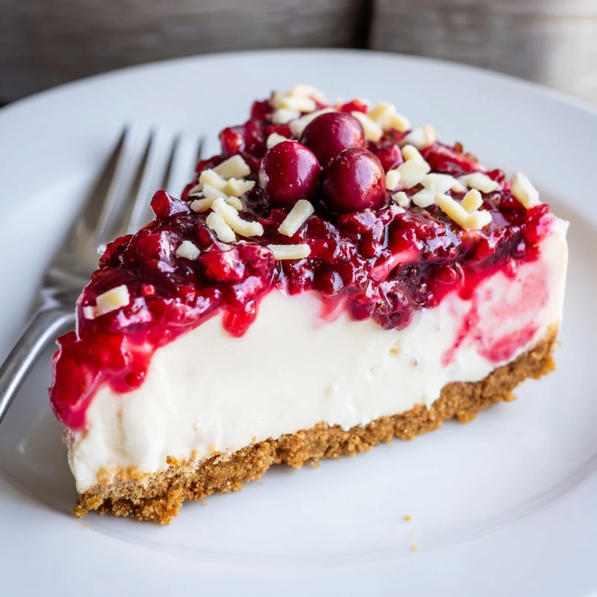 No Bake Cranberry White Chocolate Cheesecake with glossy cranberry topping and white chocolate shavings