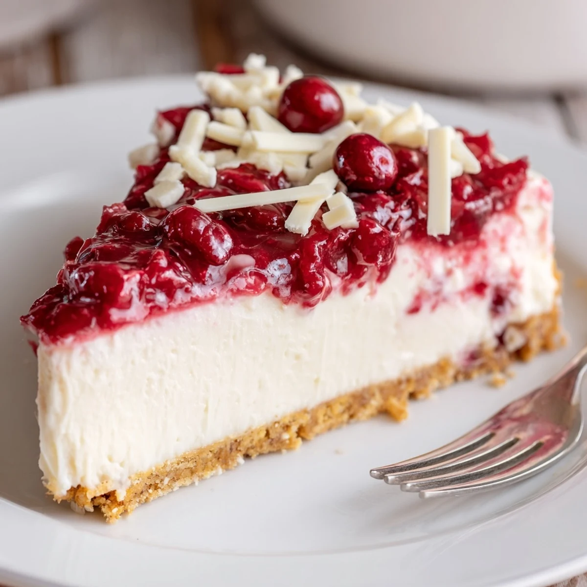 Chilled No Bake Cranberry White Chocolate Cheesecake atop buttery graham crust, tangy cranberries