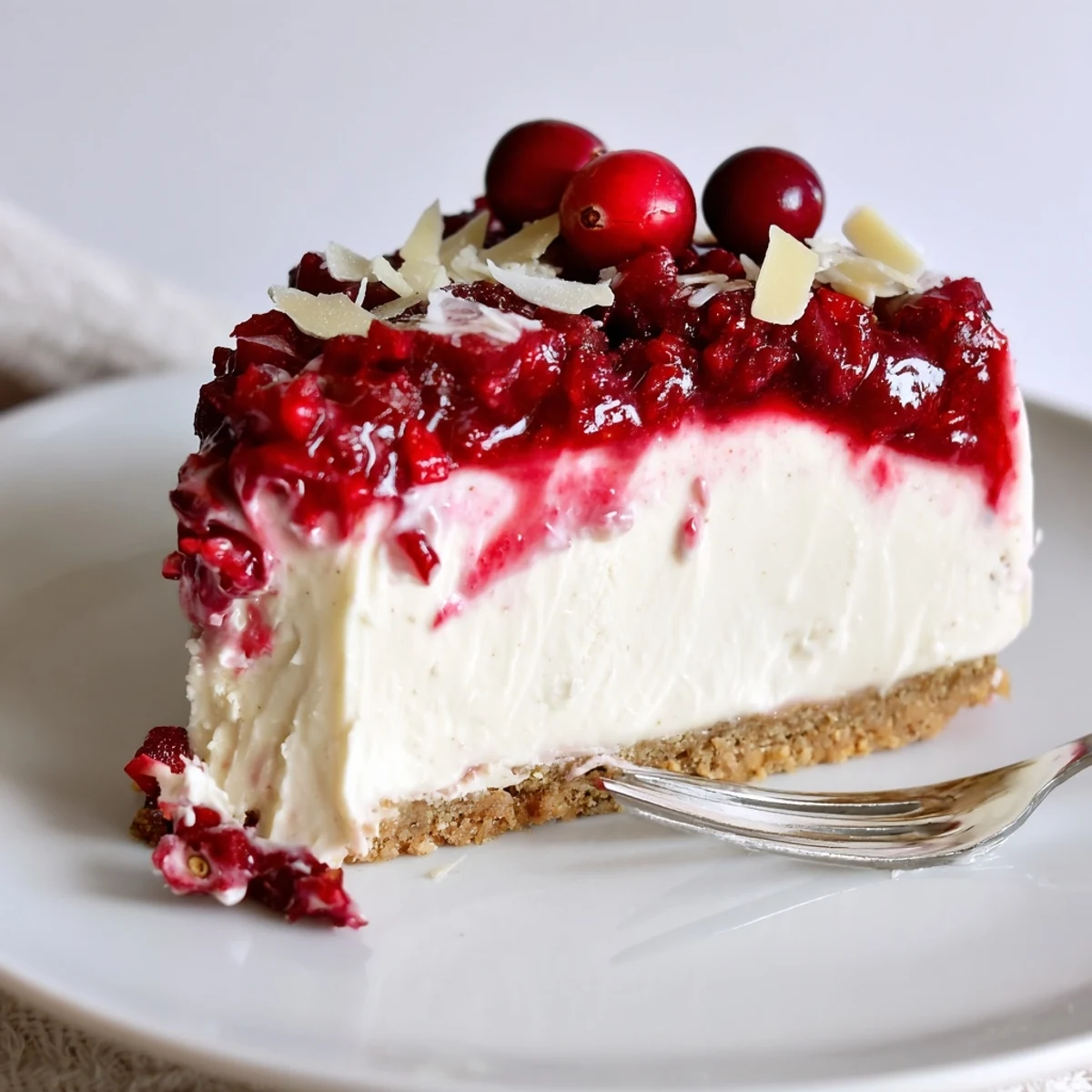 Slice of No Bake Cranberry White Chocolate Cheesecake on plate, creamy texture revealed