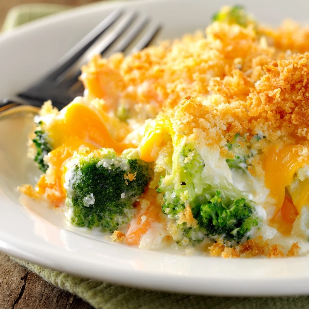 Oven-hot Cheese Bake Broccoli Carrots in a browned panko crust, creamy inside