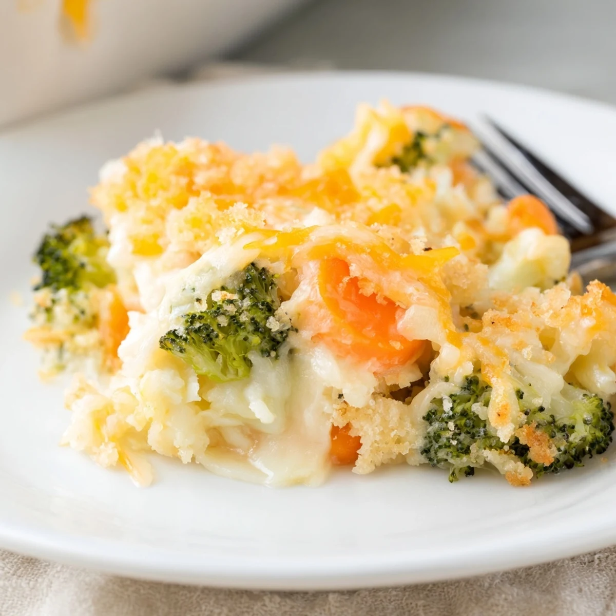 Comforting Cheese Bake Broccoli Carrots, tender florets and sweet carrots under bubbling cheese