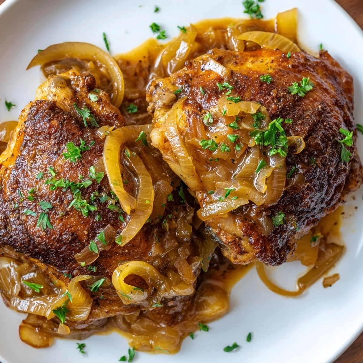 Savory Smothered Chicken Thighs In Rich Gravy Recipe served over creamy mashed potatoes
