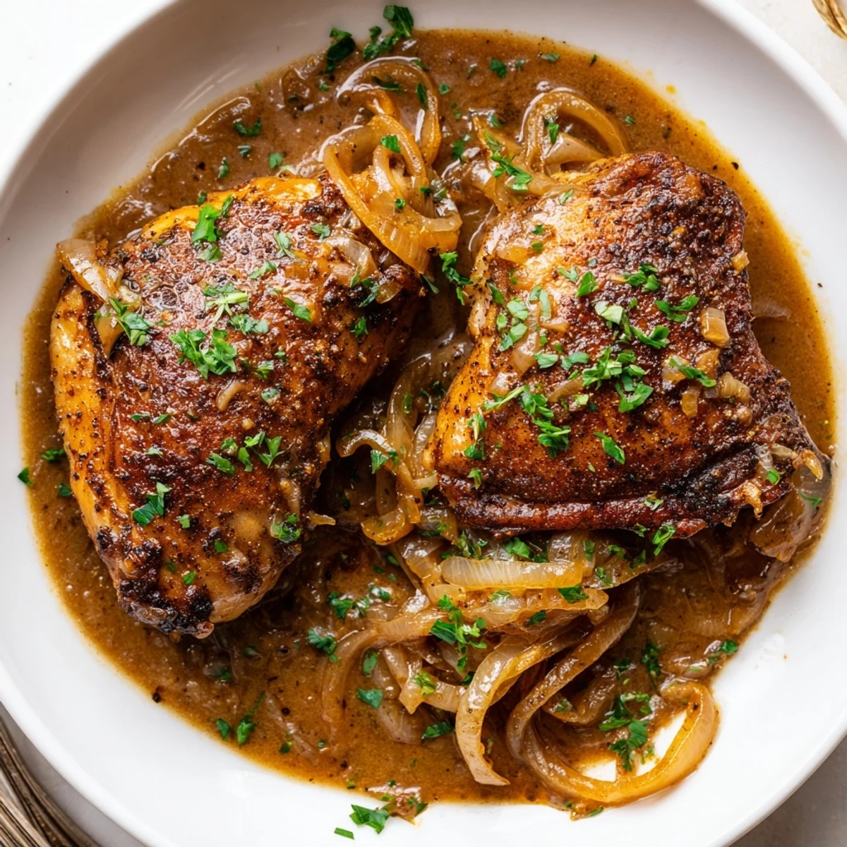 Golden seared Savory Smothered Chicken Thighs In Rich Gravy Recipe, caramelized onions