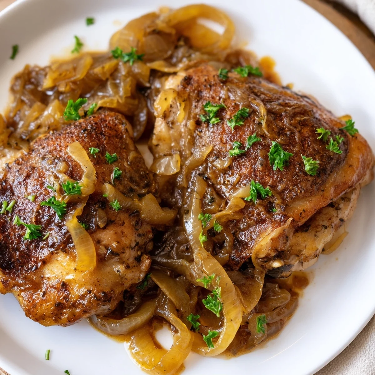 Savory Smothered Chicken Thighs In Rich Gravy Recipe garnished with parsley, spoon ready