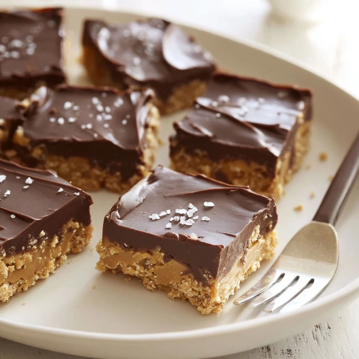 No Bake Peanut Butter Bars chilled on parchment, glossy chocolate top, sliced