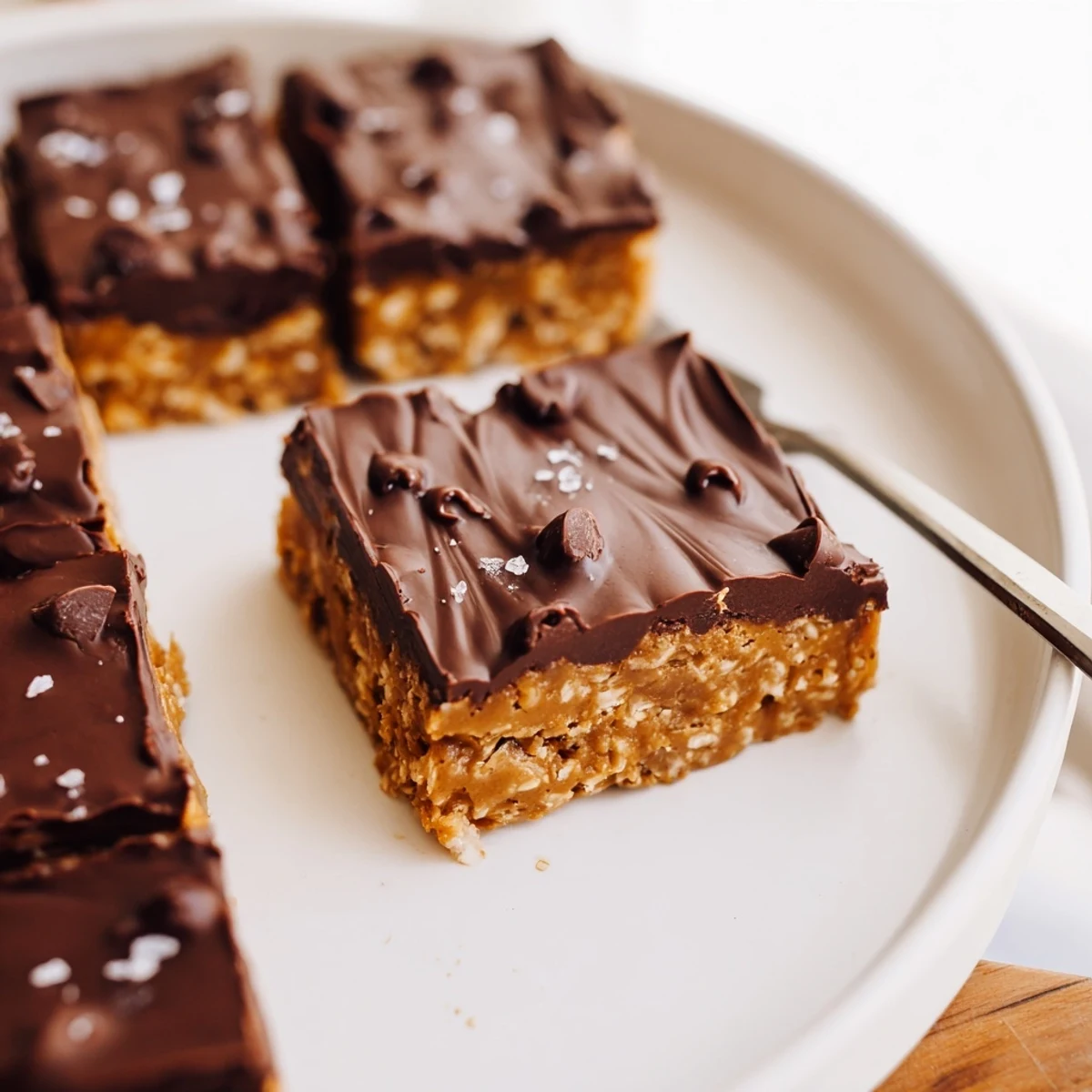 Plate of No Bake Peanut Butter Bars garnished with flaky sea salt