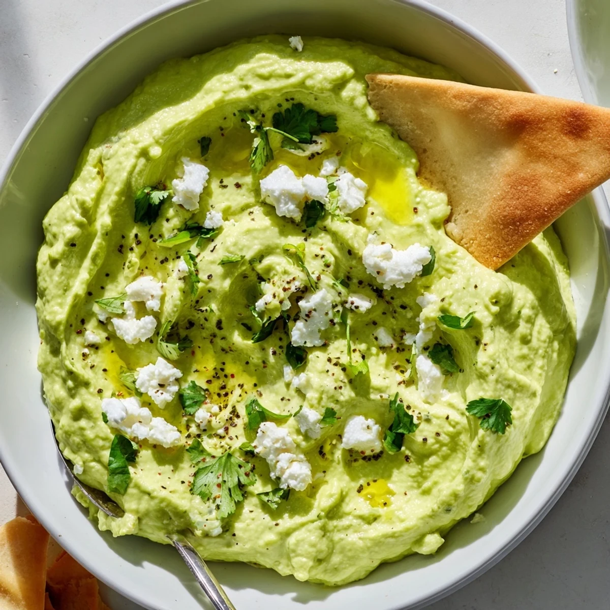 A bowl of Creamy Avocado Feta Dip sprinkled with cilantro and lime