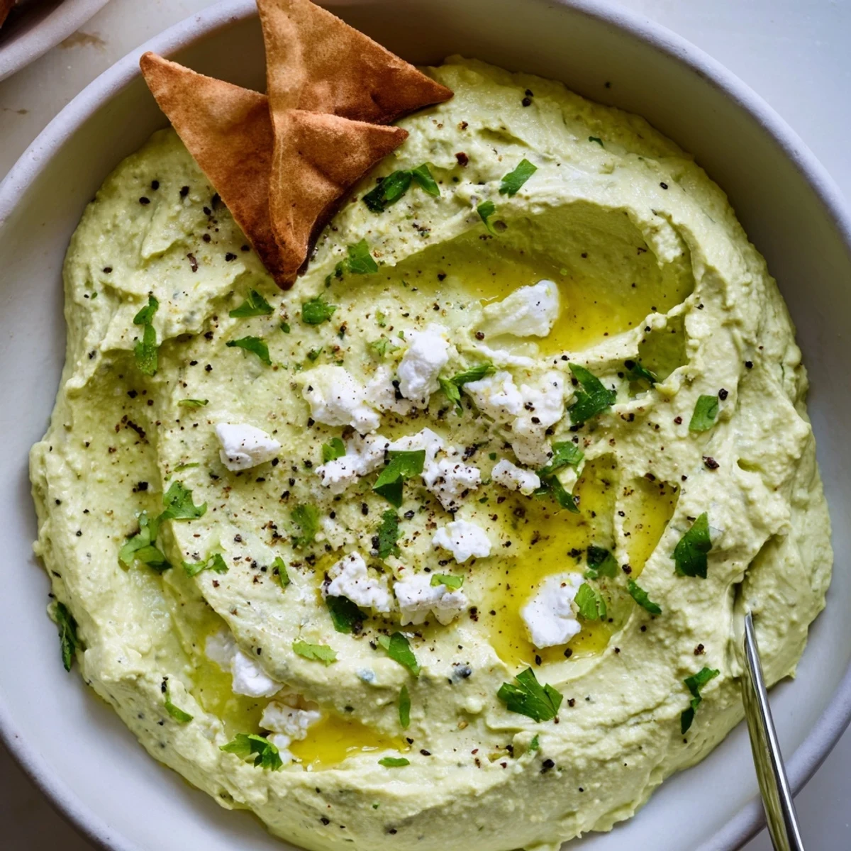 Creamy Avocado Feta Dip drizzled with olive oil, served with pita chips