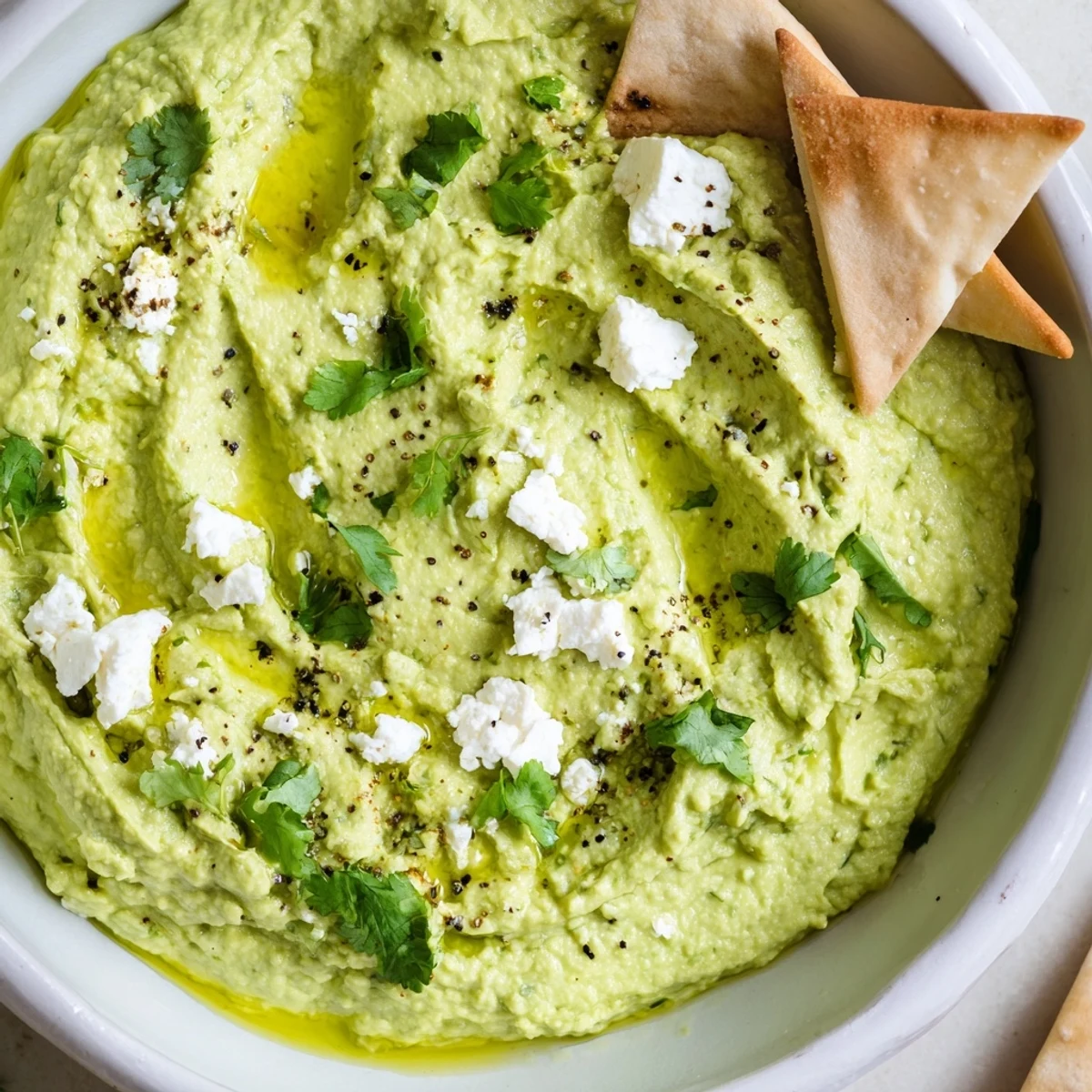 Creamy Avocado Feta Dip spread on toasted bread, tangy and silky