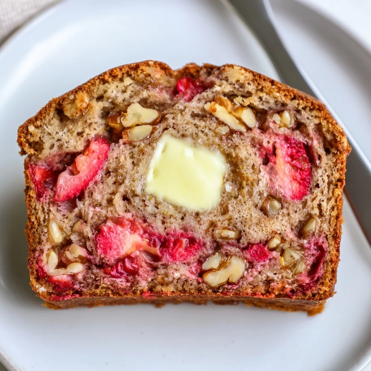 Strawberry Banana Bread Recipe: warm sliced loaf with juicy berries and banana aroma