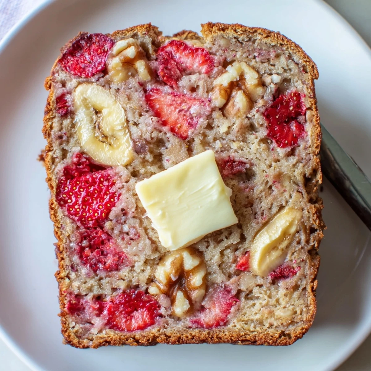 A slice of Strawberry Banana Bread Recipe resting on plate, buttery steam rising