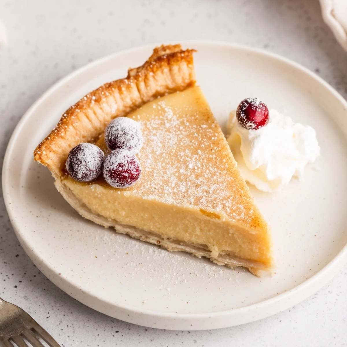 Warm Christmas Eve Custard Pie With Cinnamon Vanilla, silky filling topped with powdered sugar