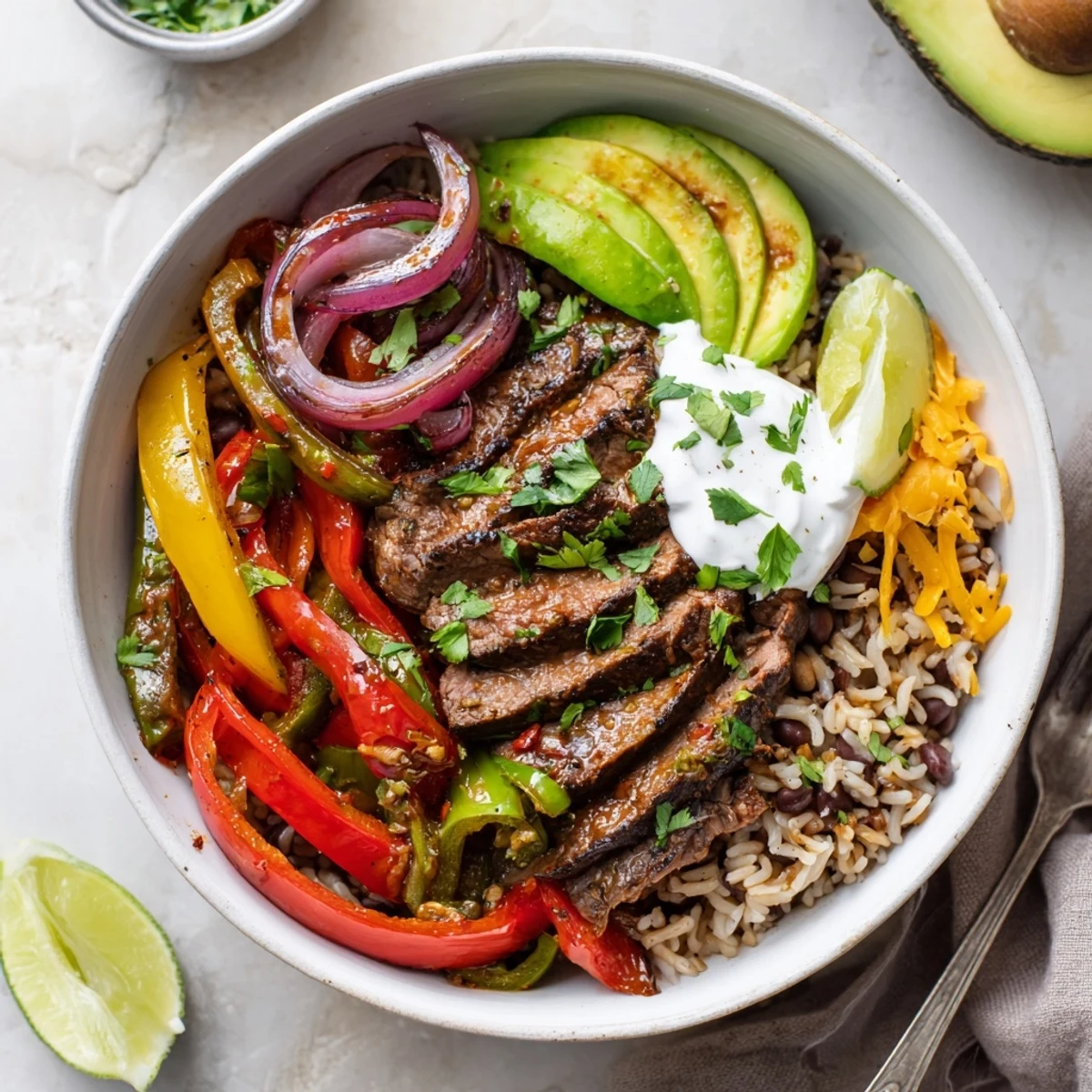 Steak Fajita Power Bowls with sizzling marinated steak, colorful peppers, creamy avocado.