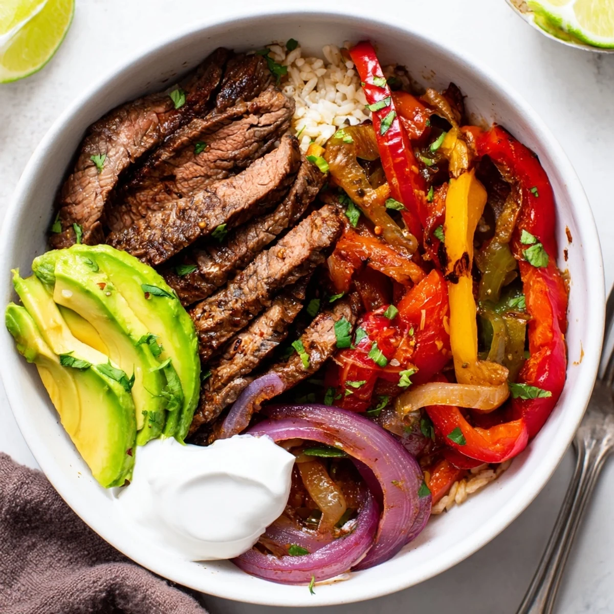 Hearty Steak Fajita Power Bowls served over brown rice with lime wedge.
