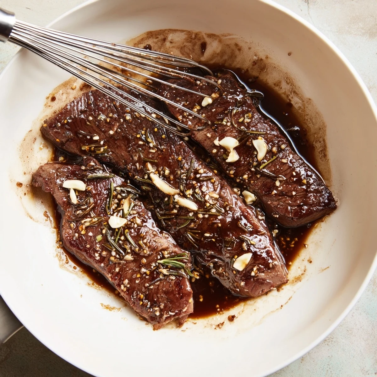 Steak Marinade glistening on raw ribeyes, garlic and rosemary ready for grilling