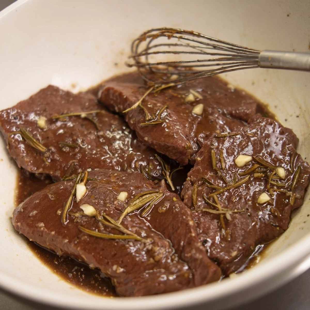 Homestyle Steak Marinade pooled in bowl, tangy balsamic and lemon scent