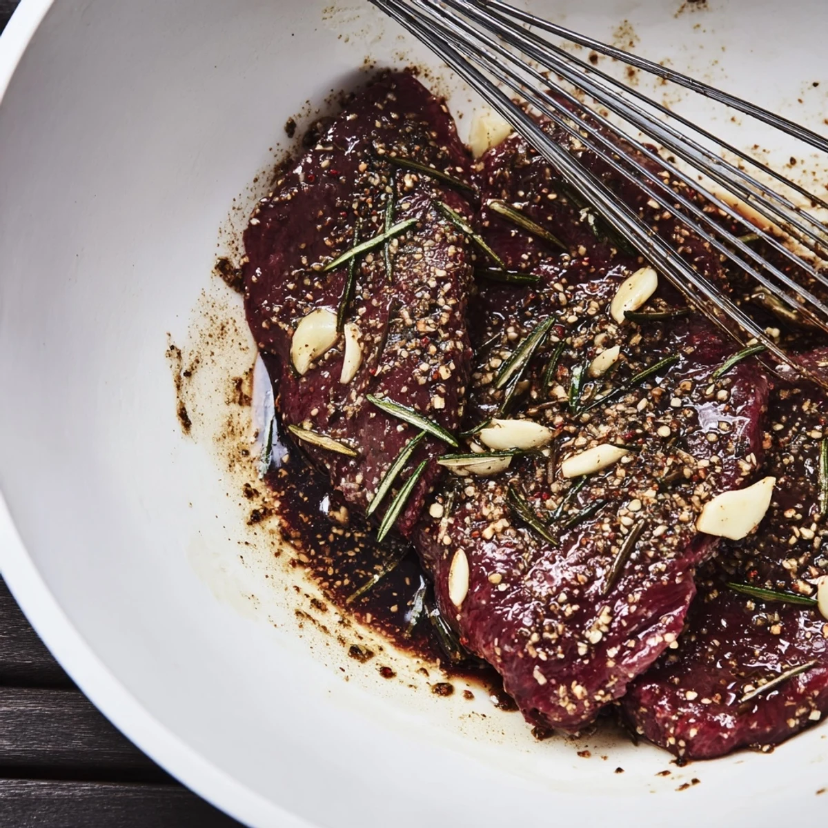 Steak Marinade coating cooked steak, charred edges and savory sweet glaze