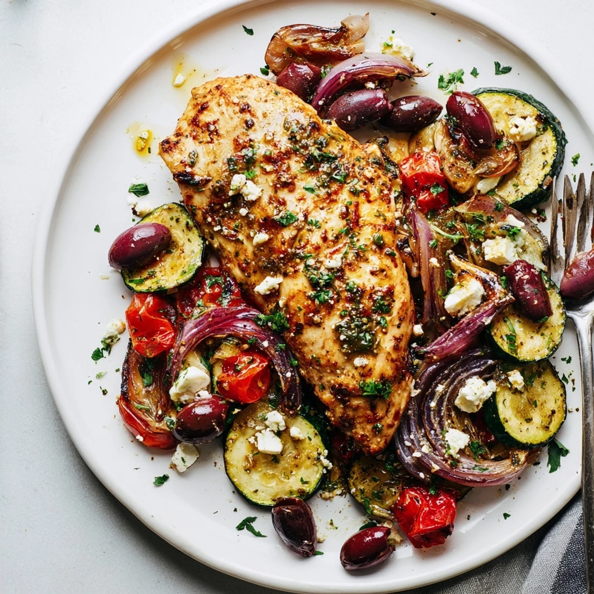 Sheet Pan Mediterranean Chicken Zucchini roasted golden with olives, feta, lemony juices.