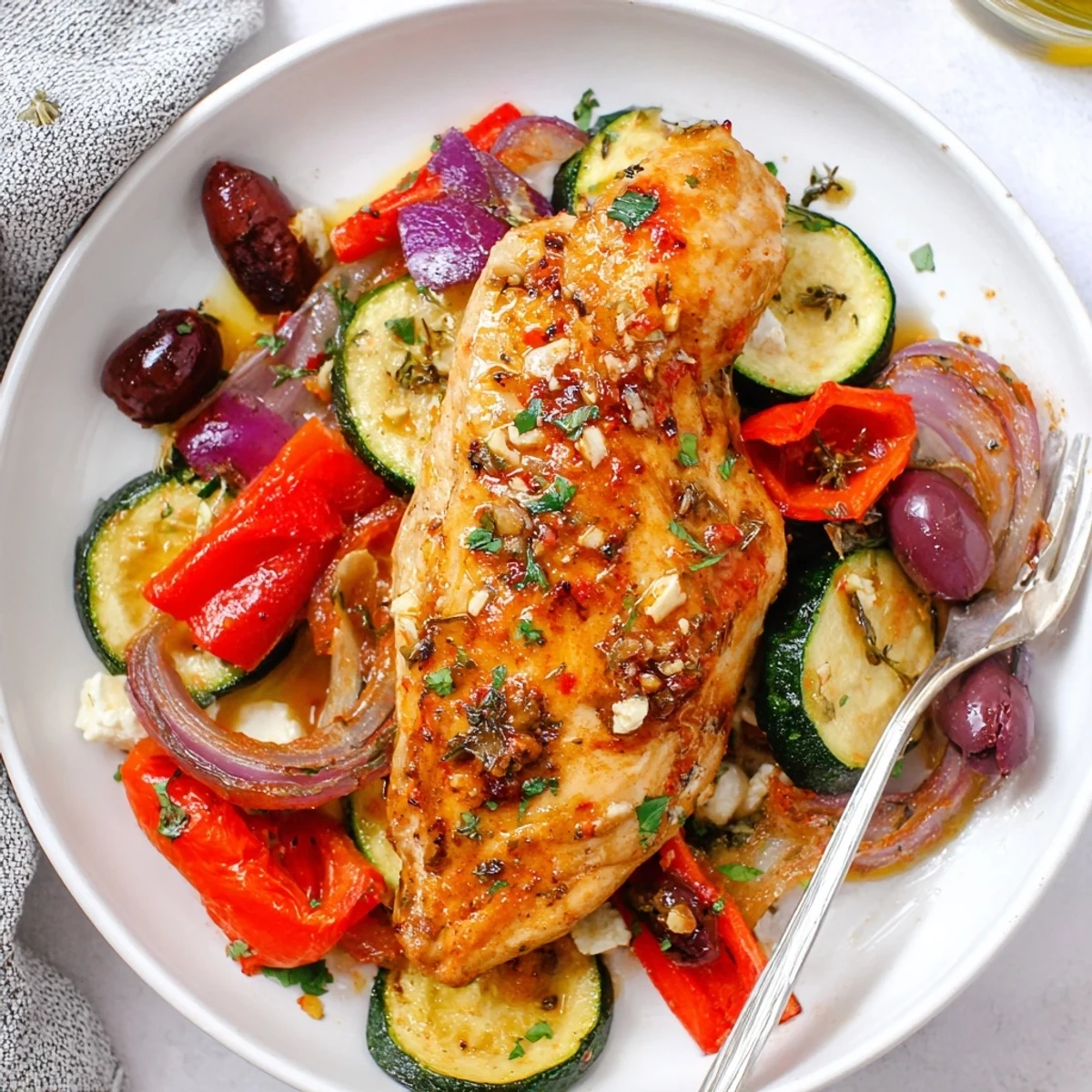 Aromatic Sheet Pan Mediterranean Chicken Zucchini served hot with warm pita for sharing.