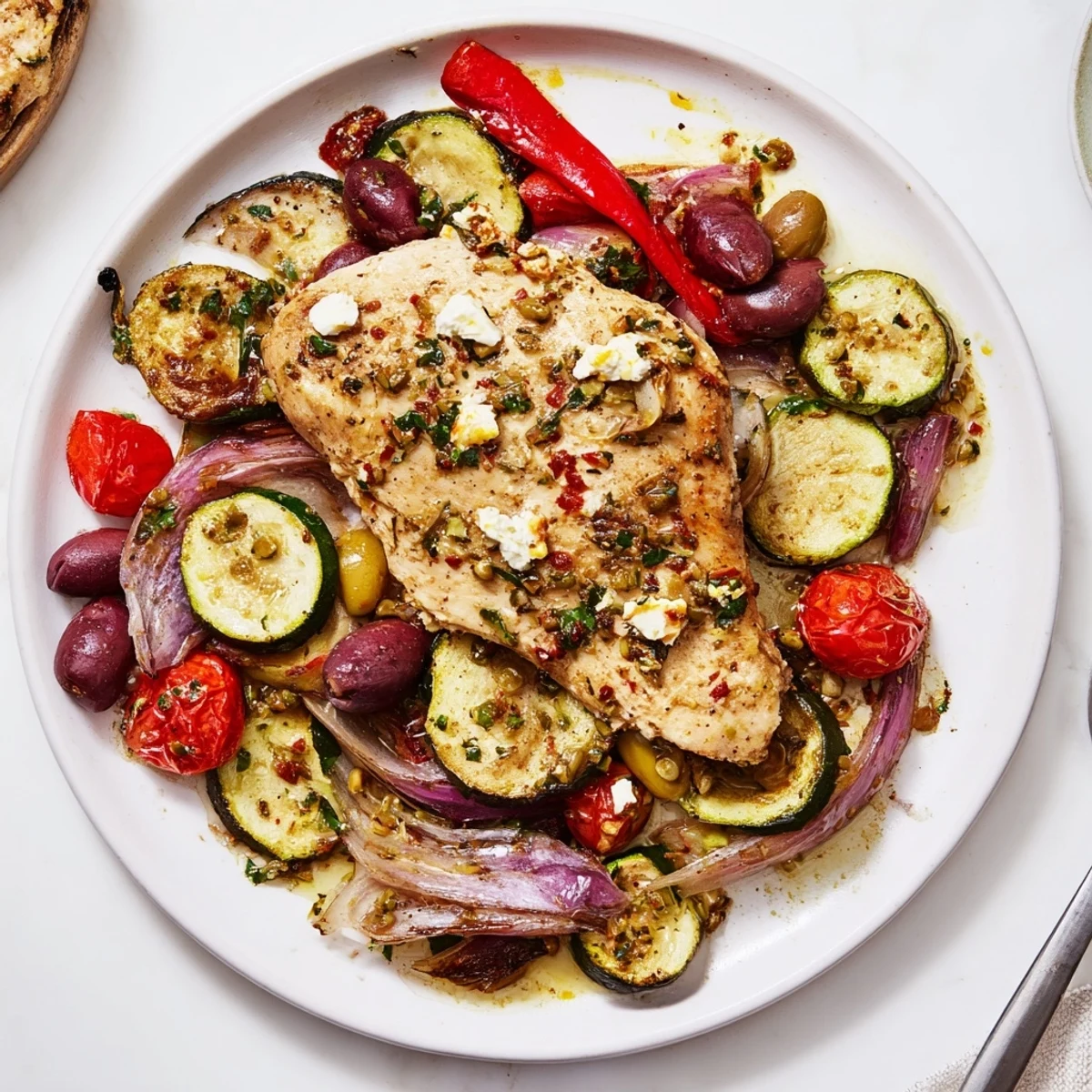 Sheet Pan Mediterranean Chicken Zucchini with juicy chicken, blistered tomatoes, and parsley.