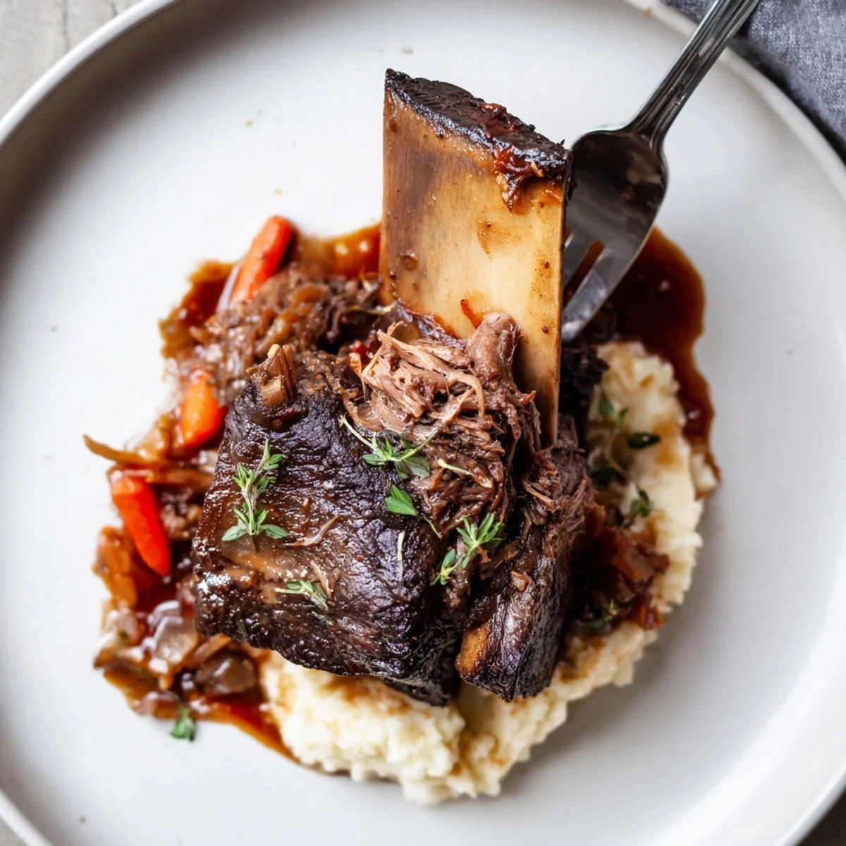 Slow Cooker Beef Short Ribs braised in glossy red wine sauce, fork tender