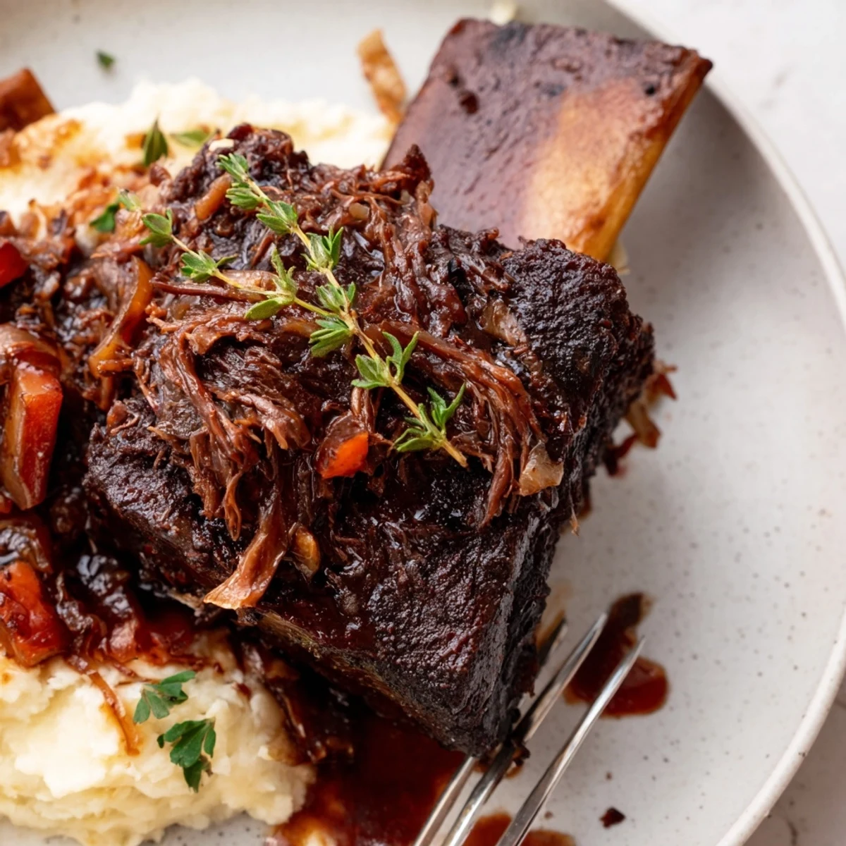Hearty Slow Cooker Beef Short Ribs nestled on creamy mashed potatoes, aromatic
