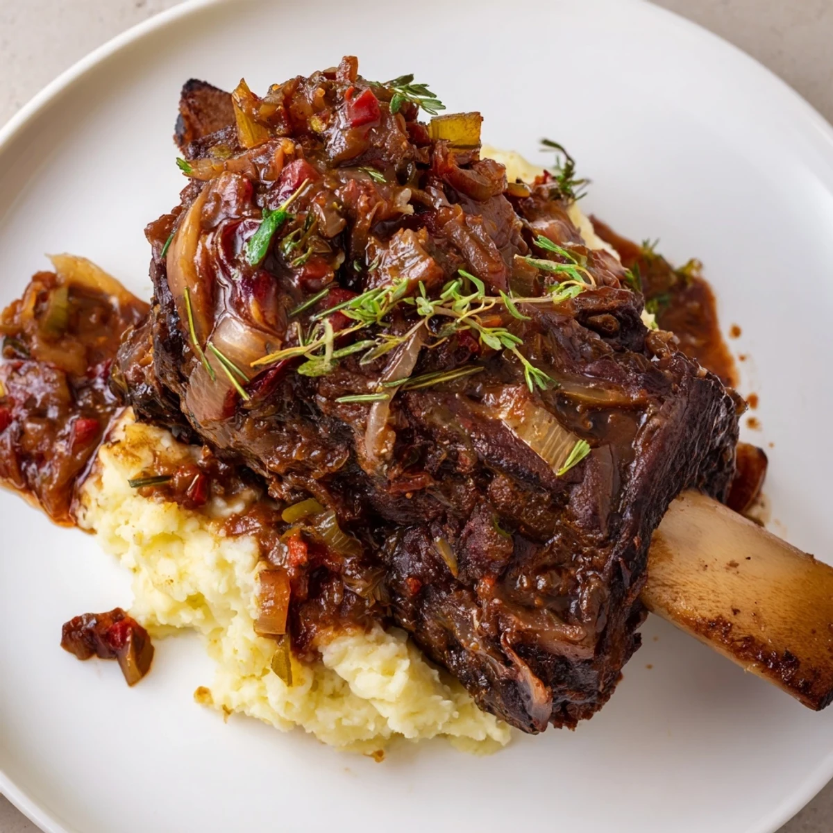 Family style Slow Cooker Beef Short Ribs with caramelized vegetables, spoon ready