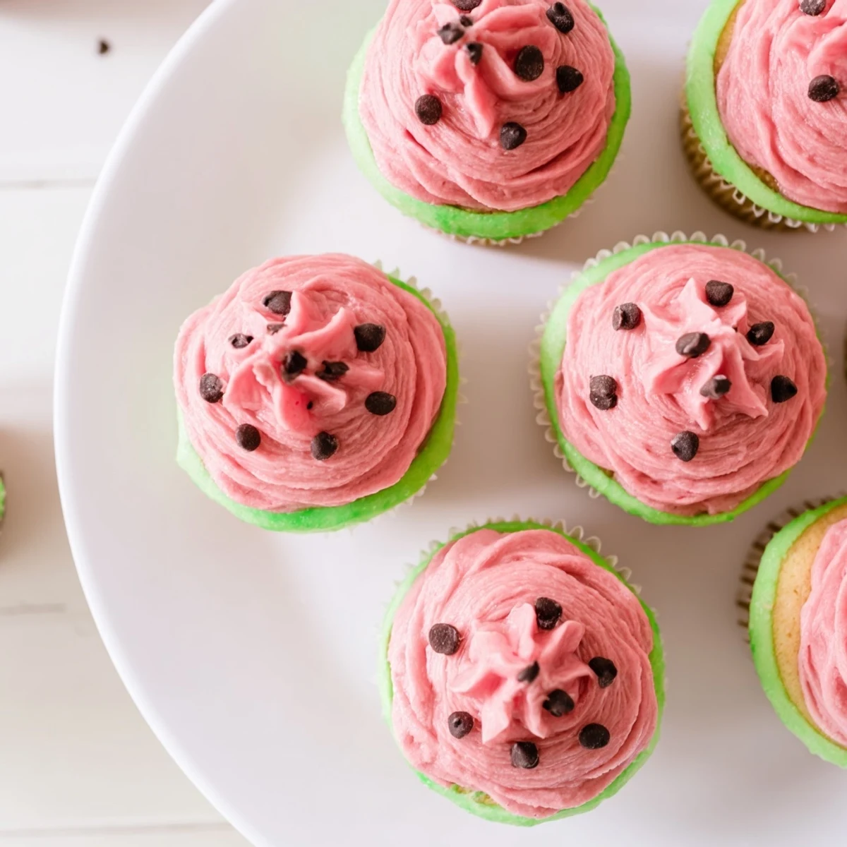 Freshly baked watermelon cupcakes piped with creamy pink buttercream and garnished with chocolate seeds